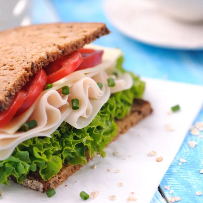 Panino di segale con petto di tacchino, pomodoro e lattuga